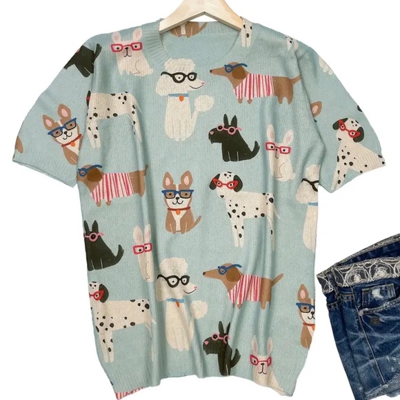 949.  Casual Knitted Crew Neck Short Sleeve Sweater, Cartoon Dog Print, - Picture 3 of 3
